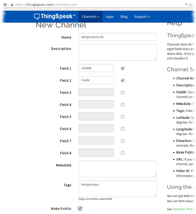 Anlegen eines Channels bei ThingSpeak