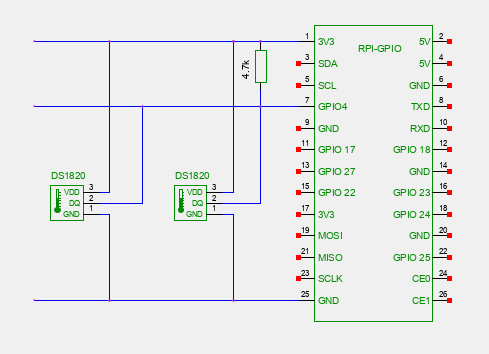 Stromlaufplan Anschluss DS1820 an GPIO (aktive Speisung)